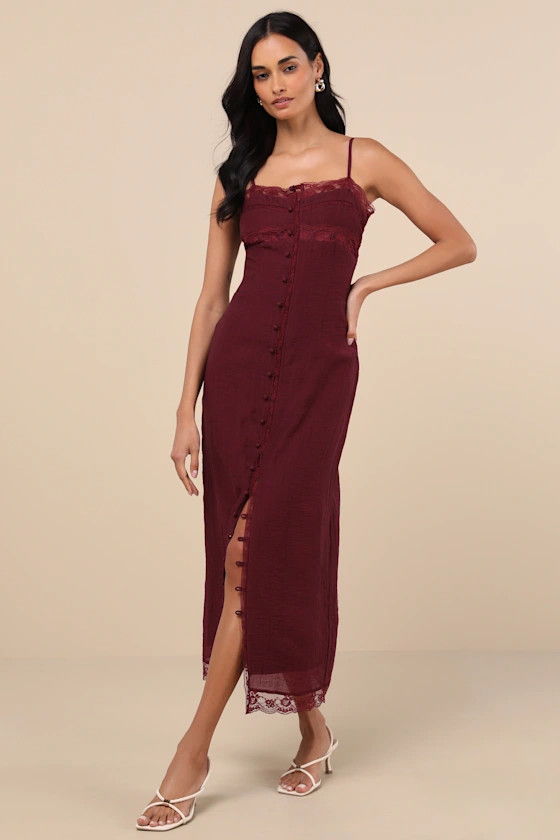 Veanna Burgundy Textured Lace Button-Front Midi Dress | Lulus