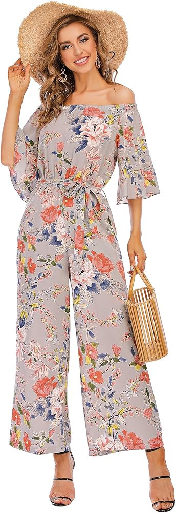 Women's Summer Floral Off Shoulder ruffled Short Sleeve High Waist Wide Leg Pants Casual Loose Jumps | Amazon (US)