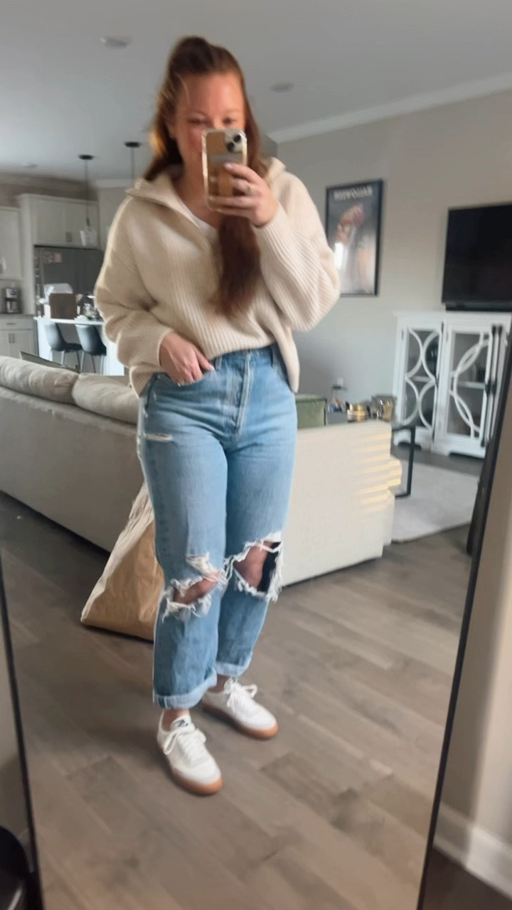 Ivory quarter zip sweater - wearing my tts medium 
Distressed loose jeans - wearing my tts 28
Nike neutral sneakers / tts 

#LTKFindsUnder50 #LTKFindsUnder100 #LTKShoeCrush

#LTKWatchNow