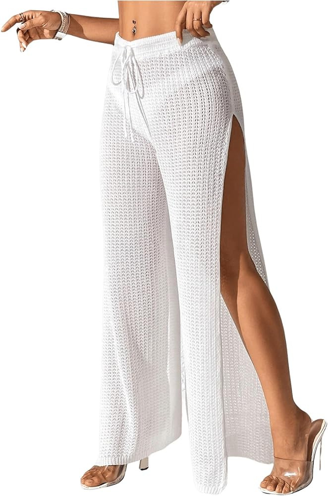 Verdusa Women's Swimsuit Sheer Crochet Cover Up High Split Drawstring Bikini Long Pants | Amazon (US)