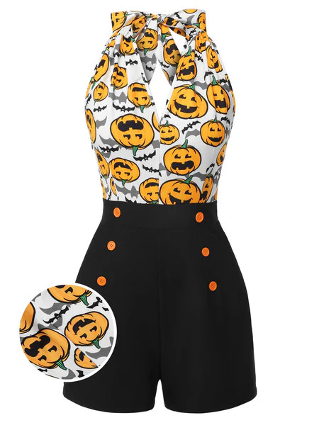 Black 1950s Halloween Pumpkin Halter Romper | Retro Stage