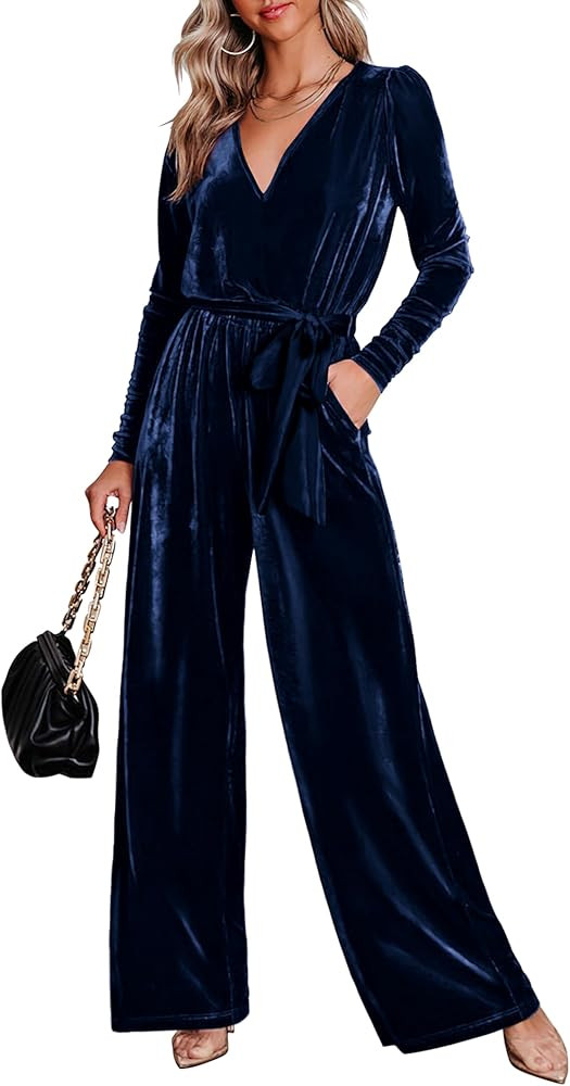 MASCOMODA 2023 Velvet Long Sleeve Wide Leg Jumpsuits for Women Dressy V Neck Belted Romper One Pi... | Amazon (US)