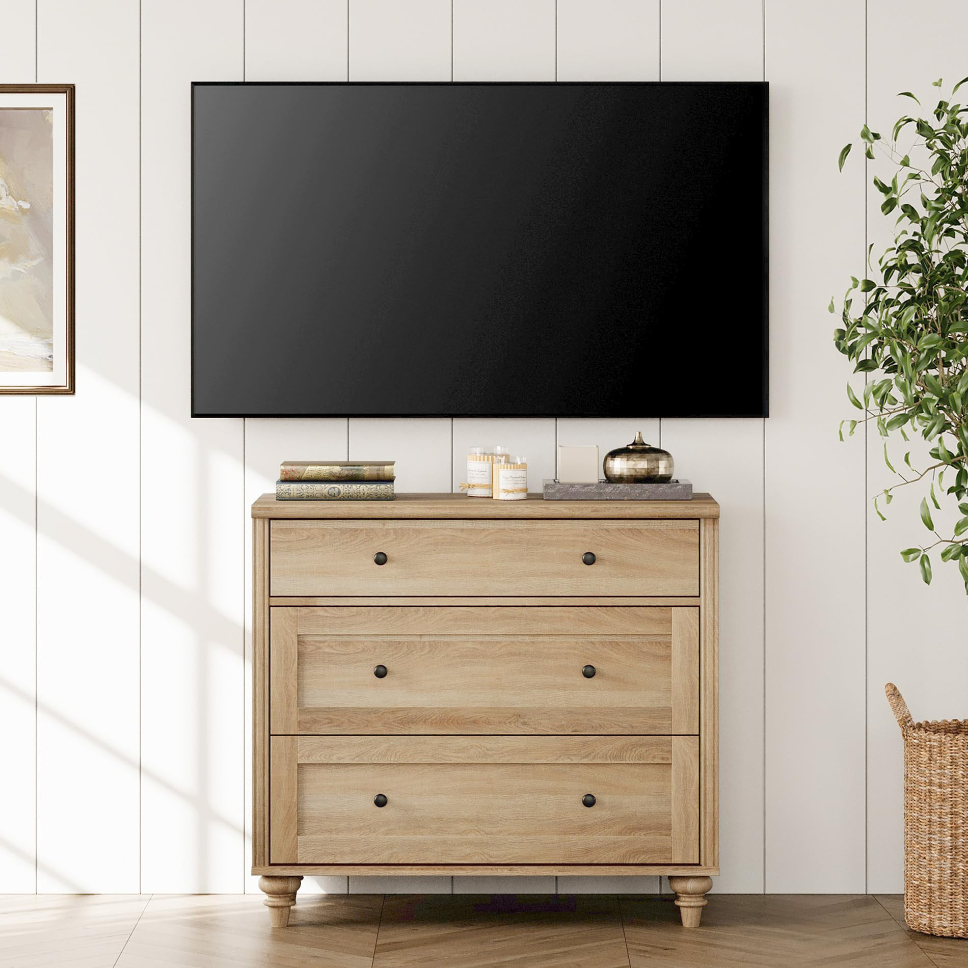 WAMPAT Dresser for Bedroom with 3 Drawers, Oak Kids Dressers with Wide Chest of Drawers, Mid Cent... | Amazon (US)