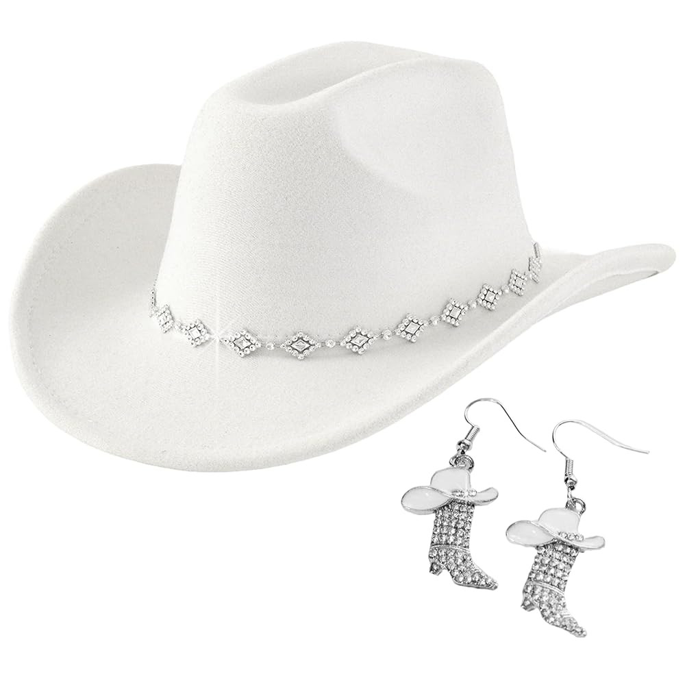 Cowboy Hats for Women with Boots Earrings - Western Cowgirl Hat Rhinestone Wide Brim Cow Girl Hat... | Amazon (US)