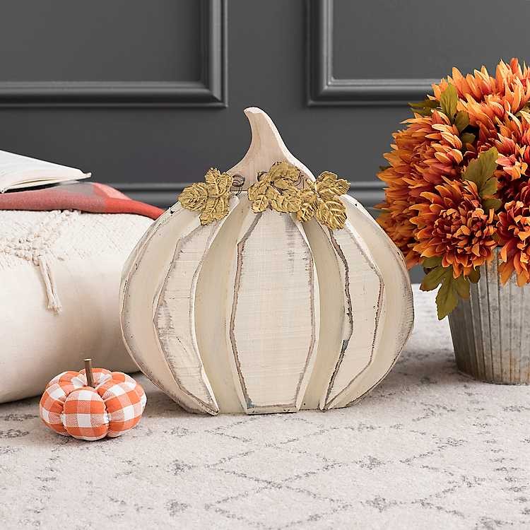 Cream Wood Pumpkin with Metal Leaves, 14 in. | Kirkland's Home