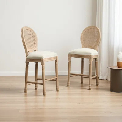 Wood Bar Stools Set Of 2 Classic French Country Wooden Barstools With Upholstered Seating Kitchen Bar Stool For Bar Counter Rattan | Wayfair North America