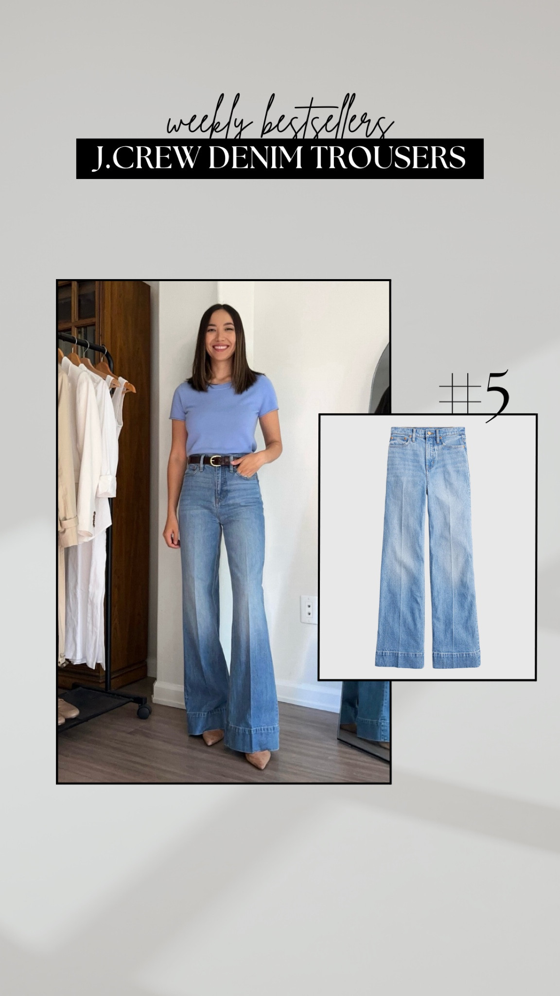 #5 bestseller this week: Jcrew denim trousers 

• these have been on sale for the past few weeks! They are a great quality + classic pair of jeans for the office 
• I’m wearing the ‘classic’ length, but the petite length would have been better for my 5’4” height

Classic and chic workwear outfits/wide leg jeans/Jcrew/sweater tee

#LTKWorkwear #LTKSaleAlert