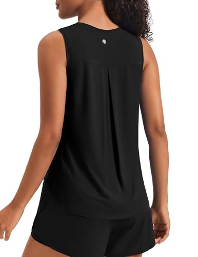 PINSPARK Women Workout Tank Tops with Back Pleat Soft Ice Silk Sleeveless Yoga Muscle Fitness Shirts Stretch Athletic Running Gym Activewear, Black 2XL | Amazon (US)