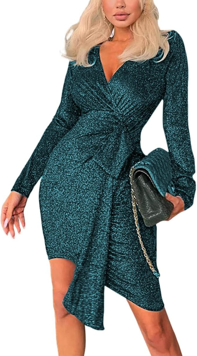 Wiwiup Sexy Dress for Women Party V Neck Long Sleeve Sequins Club Night Gowns Bodycon Ruched Wrap... | Amazon (US)