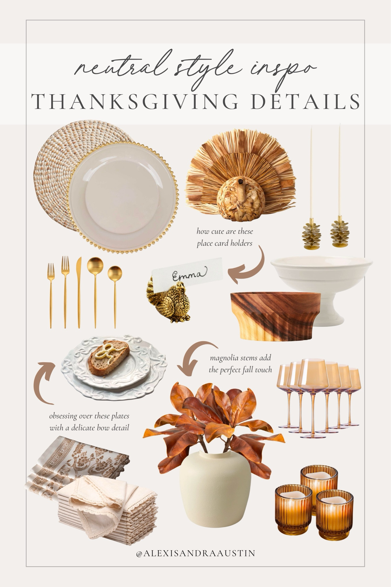 Neutral style Thanksgiving tablescape! Elevate your holiday hosting with fun seasonal finds and elevated neutral details 

Seasonal favorites, Thanksgiving hosting, tablescape style, charger place, neutral turkey, faux stems, magnolia stems, bow detail, cream plates, linen napkin, gold silverware, vase finds, wine glasses, candle holder, gold detail, Pottery Barn style, vase finds, found it on Amazon, Crate and Barrel, shop the look!

#LTKSeasonal #LTKHome #LTKHoliday