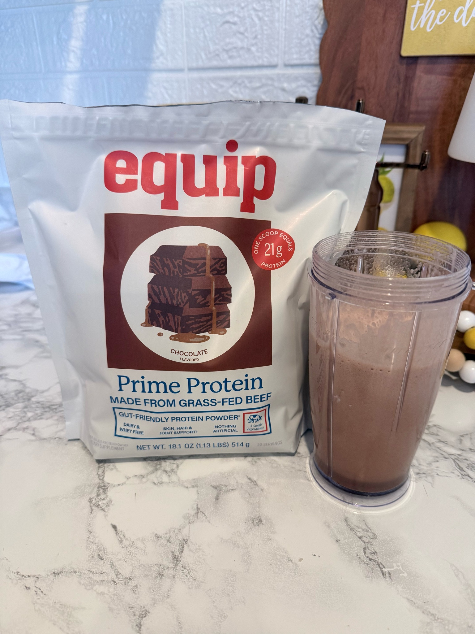 Equip Prime Chocolate Protein Powder is a gut-friendly, sugar-free protein shake powder made with grass-fed beef and natural collagen. It has a rich and creamy texture and contains 21 grams of protein per serving. It’s also whey and dairy-free. I often add creatine and collagen peptides to my shakes to enhance the protein content and other benefits.

#LTKmomlife #LTKfitnessgoals #LTKActive #LTKselfcare #LTKmorningroutine