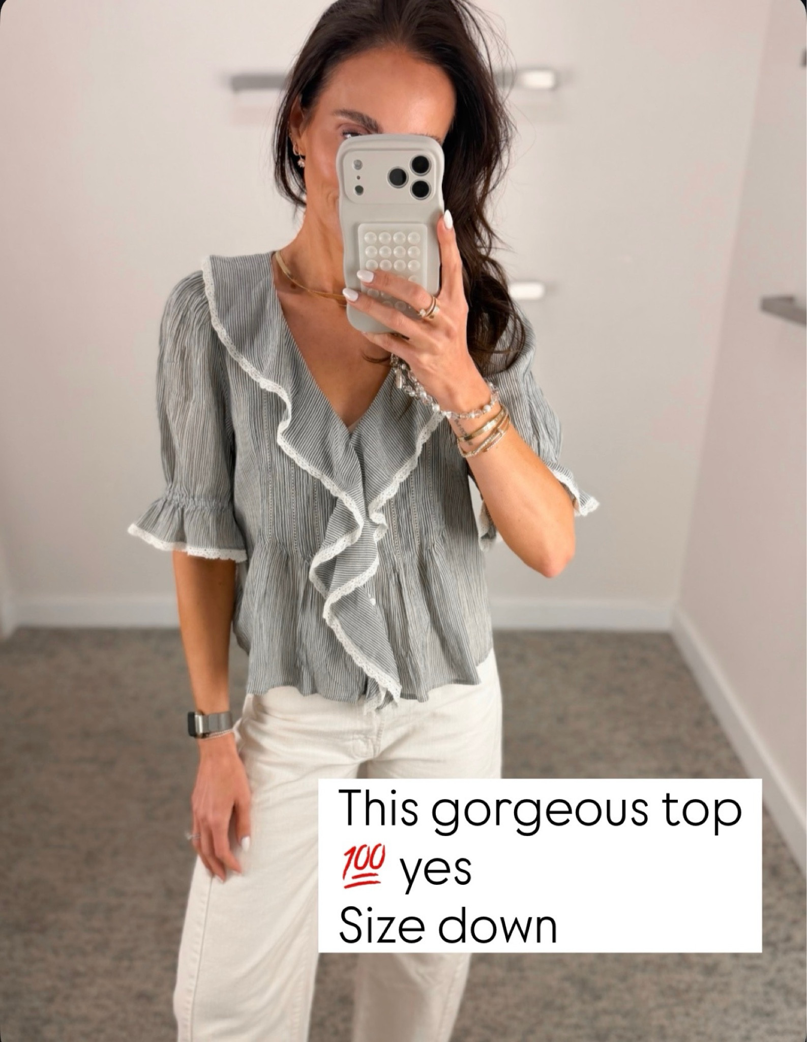 this top is an instant yes. so feminine with the ruffle detail and the fit is so flattering

definitely size down, it runs a little roomy but looks so good styled with white denim, annabrstyle 

#LTKootd #LTKOver40 #LTKSeasonal