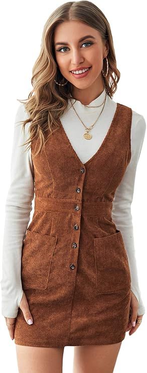 Floerns Women's V Neck Sleeveless Corduroy Button Pinafore Overall Mini Dress | Amazon (US)