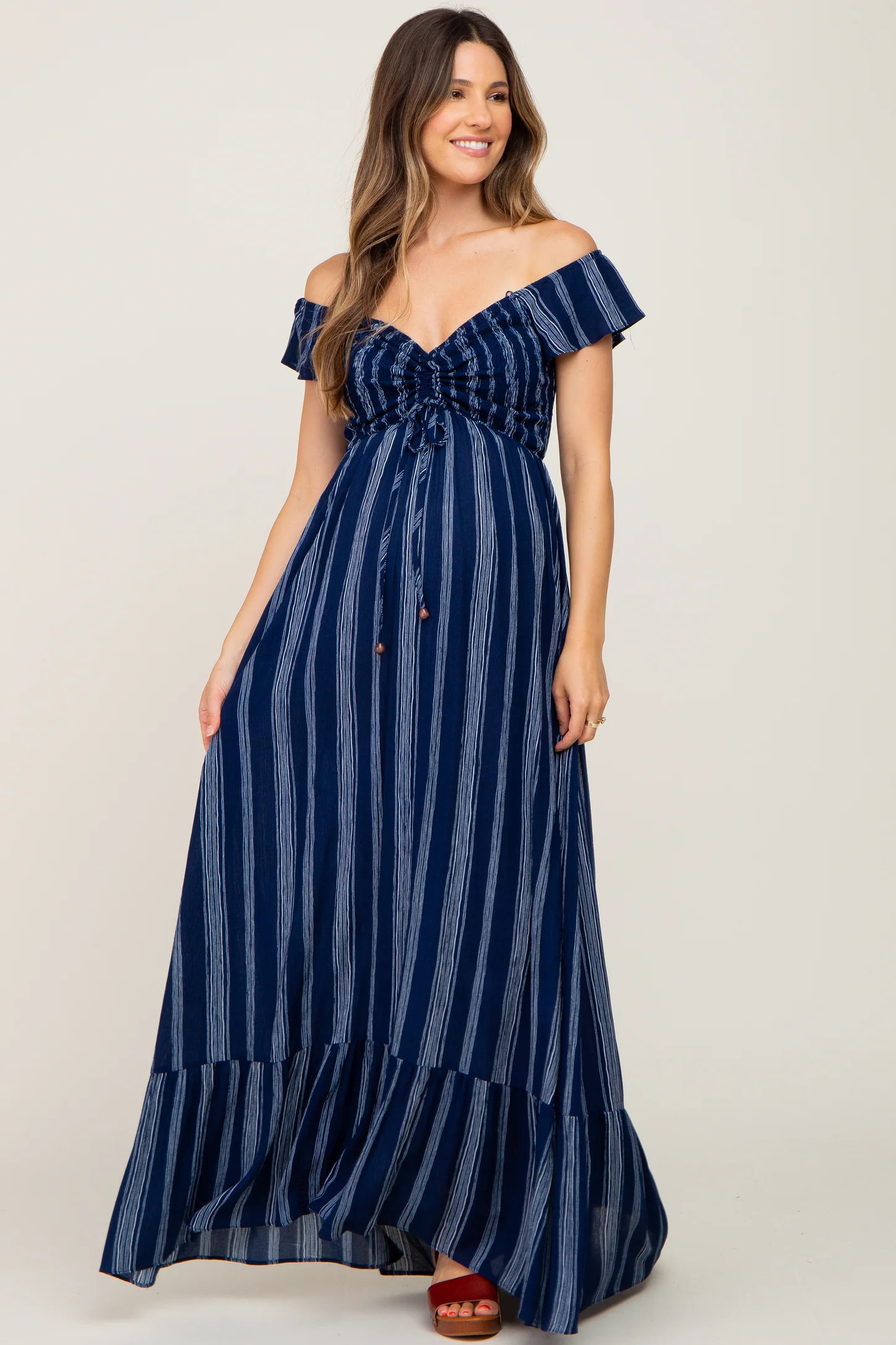 Navy Blue Striped Off Shoulder Front Tie Maternity Maxi Dress | PinkBlush Maternity