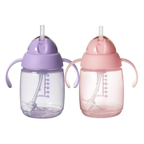 Tommee Tippee Starter Straw Cup, Easy Transition Toddler Cup For 6 Months+, 10oz with Silicone Weighted Straw and Easy-Hold Handles, Pack of 2, Pink and Purple | Amazon (US)