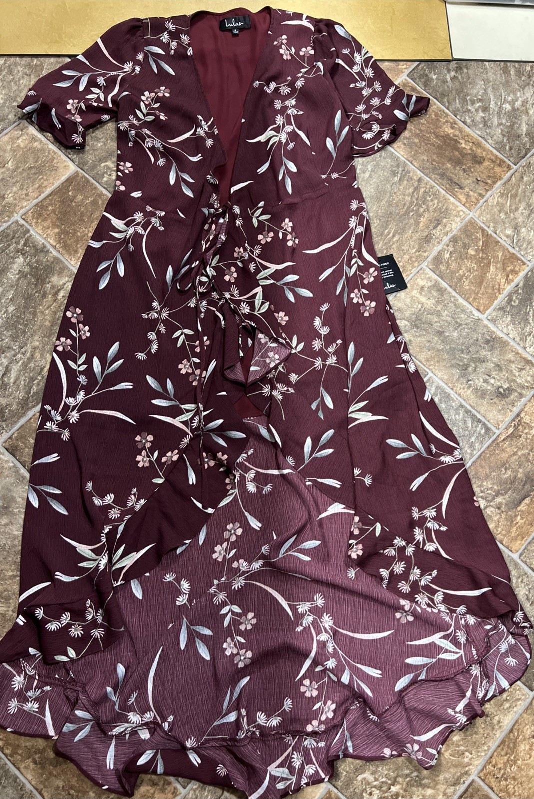 Lulus Wild Winds Burgundy Floral Print High-Low Maxi Long Wrap Dress S Cottage | eBay US