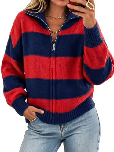 Cicy Bell Women Striped Color Block Cardigan Zip Long Sleeve Knit Sweater | Casual Trendy Outerwe... | Amazon (US)