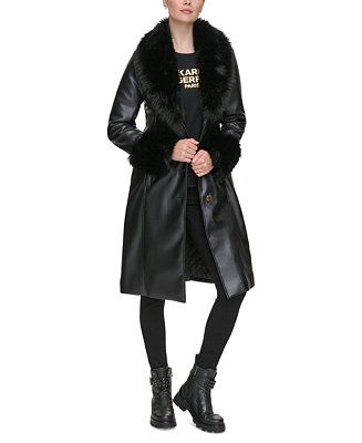 Women's Faux-Fur-Trim Faux-Leather Coat | Macy's