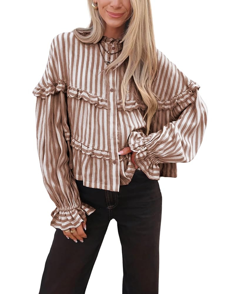 Tanming Womens Striped Button Down Shirts Ruffled Long Sleeve Stand Collar Shirt Dressy Casual Bl... | Amazon (US)