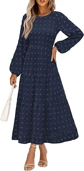 PRETTYGARDEN Women's Fall Spring Elegant Long Sleeve Maxi Dress Swiss Dot A Line Flowy Casual Hol... | Walmart (US)