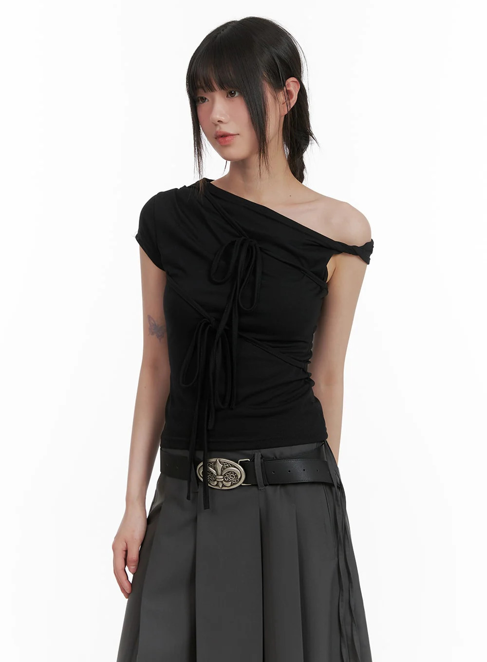 Twisted Asymmetrical Neck Short Sleeve Top CA418 | Lewkin