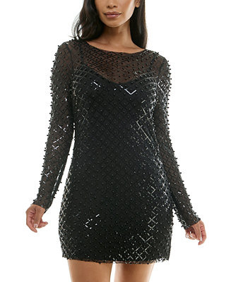 City Studios Juniors' Illusion Pearl-Sequin Mini Dress - Macy's | Macy's