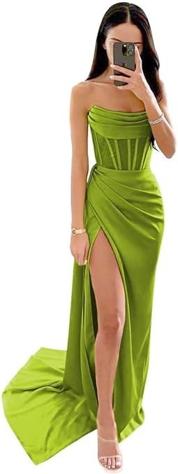 Strapless Bridesmaid Dresses Long Silk Satin Mermaid Corset Prom Dresses Ruched Formal Evening Pa... | Amazon (US)