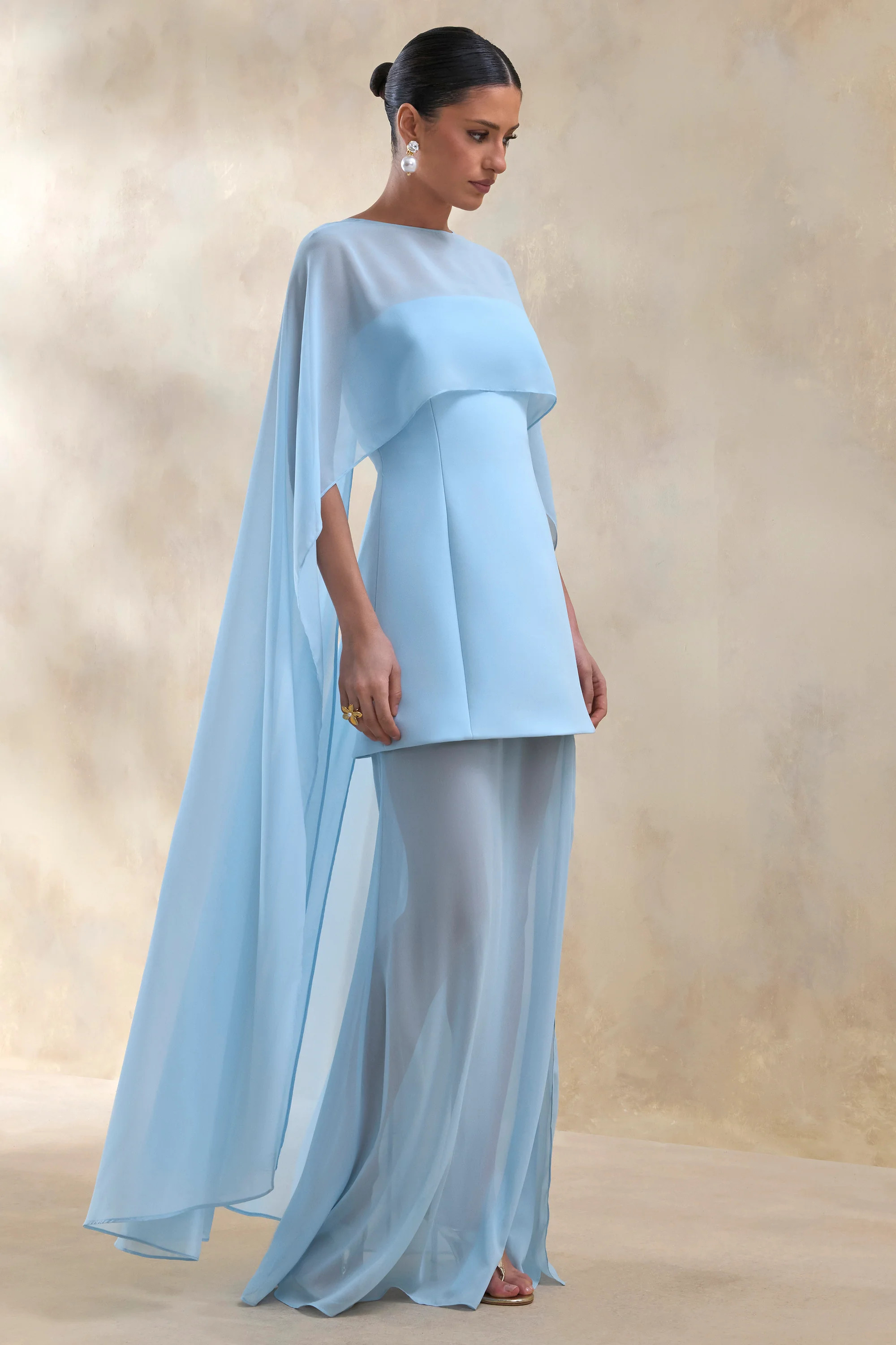 Chessa | Powder Blue Boat-Neck Maxi Dress With Sheer Cape | Club L London