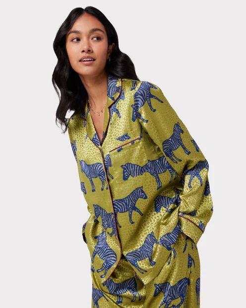 Jacquard Satin Green Zebra Print Long Pyjama Set | Chelsea Peers NYC