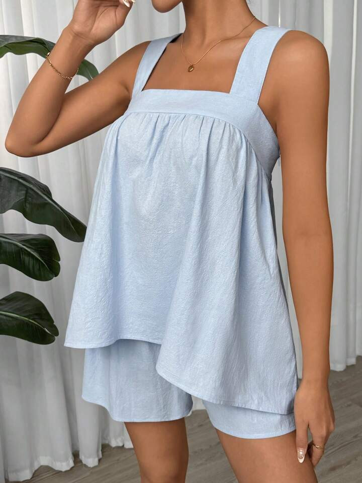 SHEIN EZwear Women Loose Blue Tank Top And Shorts Set For Vacation And Leisure | SHEIN