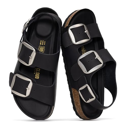 Project Cloud Genuine Leather Beach Sandals Women with Lightweight & Comfortable Slides for Women - Non Slip Big Buckle with Memory Foam Slingback Womens Sandals (GARDA,BLKOILLEA,6) | Amazon (US)