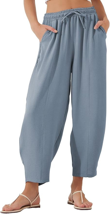 EVALESS Women's Summer High Waisted Baggy Pants Casual Ankle Length Trouser Slacks with Pockets | Amazon (US)