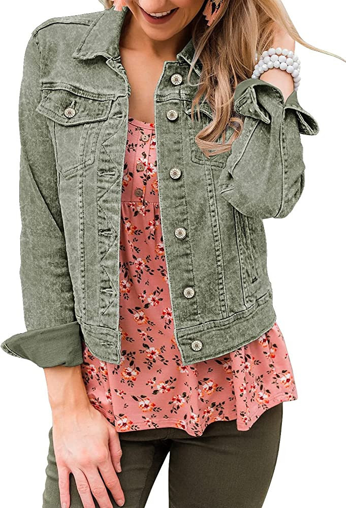 LookbookStore Women's Basic Long Sleeves Button Down Fitted Denim Jean Jackets | Amazon (US)