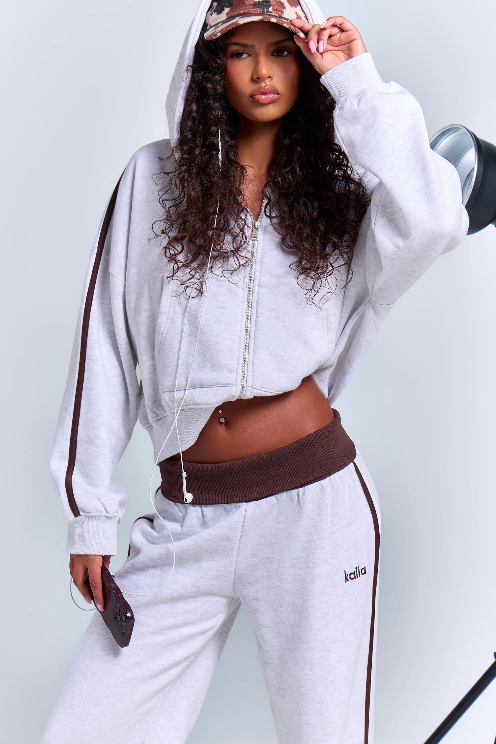 Kaiia Striped Foldover Wide Leg Joggers Light Grey Marl & Chocolate | Kaiia the Label