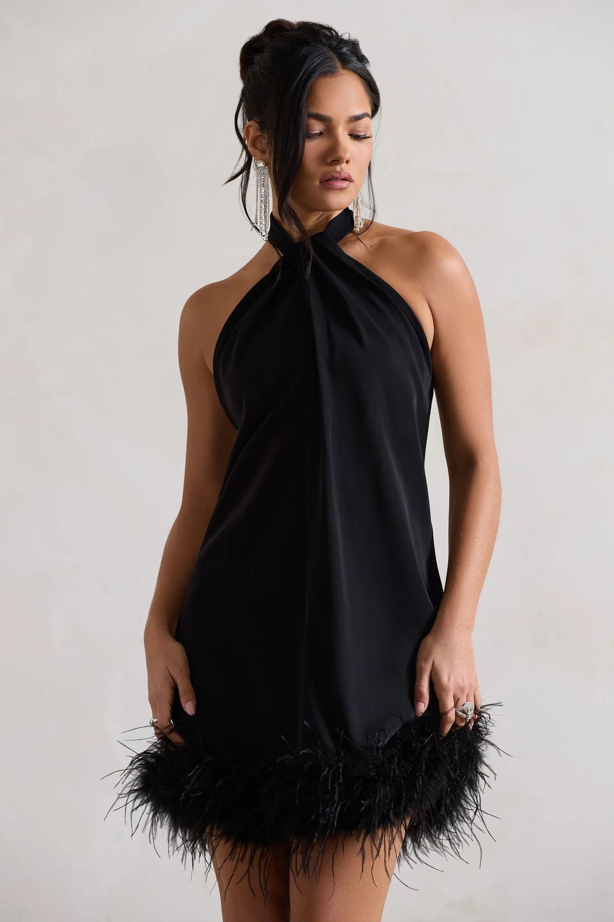 Femme | Black Halter-Neck Smock Mini Dress With Feather Hem | Club L London