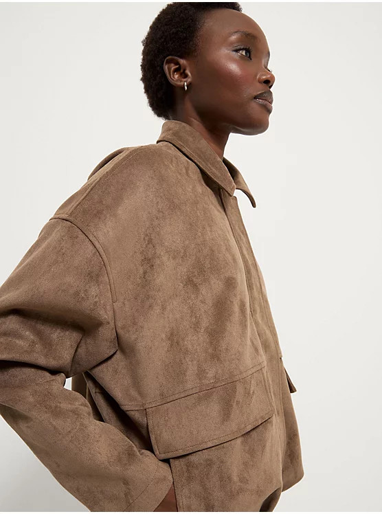 Taupe Suedette Collared Oversized Bomber Jacket | George