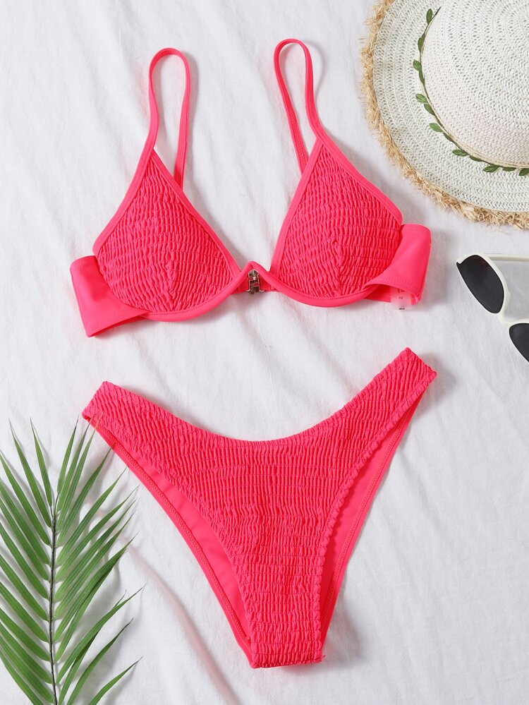 Smocked Underwire High Cut Bikini Swimsuit | SHEIN