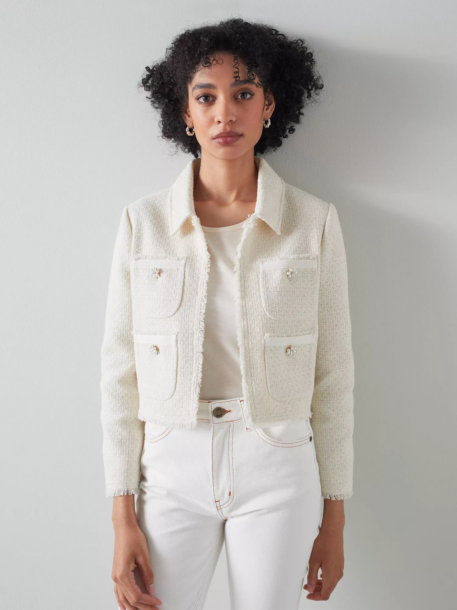 L.K.Bennett Ada Wool and Cotton Blend Tweed Jacket, Cream | John Lewis (UK)