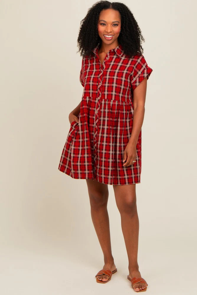 Red Plaid Rolled Cuff Sleeve Button Down Dress | PinkBlush Maternity
