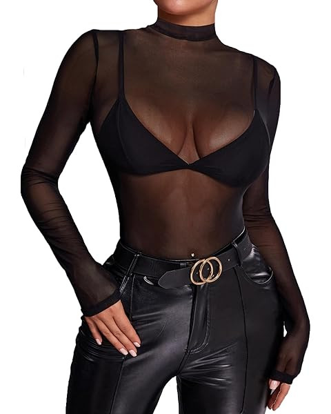 MANGOPOP Women's Mesh Top Long Sleeve See Through Mock Neck Blouse Sheer Sexy T Shirts Clubwear B... | Amazon (US)
