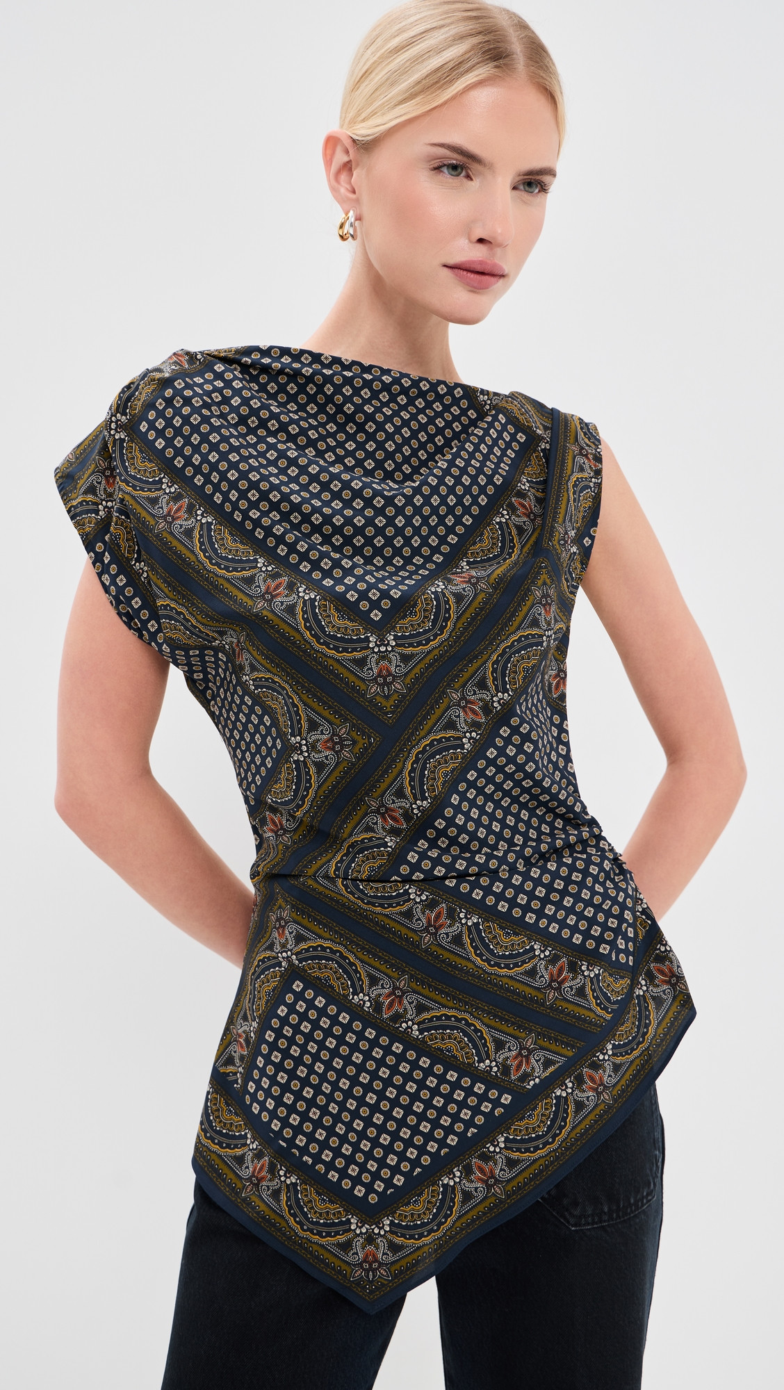 Veronica Beard Yvonne Asymmetrical Scarf Top New Navy Multi 2 | Shopbop