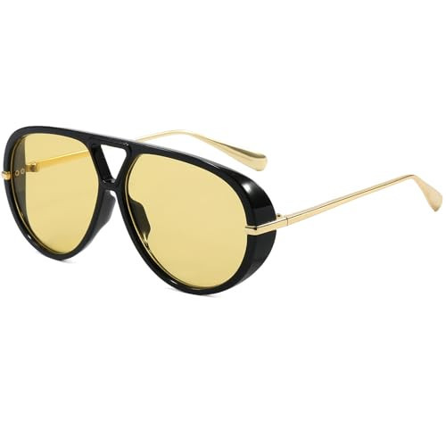 AIEYEZO Oversized Aviator Sunglasses Women Men Fashion Retro Big Frame Sun Glasses Designer Ladies Shades (Black/Yellow) | Amazon (US)
