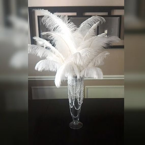 White Ostrich Feather Centerpiece  20" Trumpet Vase/With Crystal Bling/ Great Gatsby/Hollywood Gl... | Etsy (US)