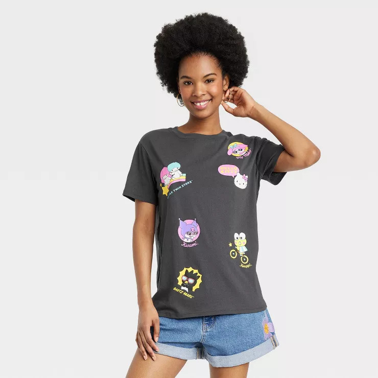 Women's Hello Kitty and Friends AOP Short Sleeve Oversized Graphic T-Shirt - Black | Target