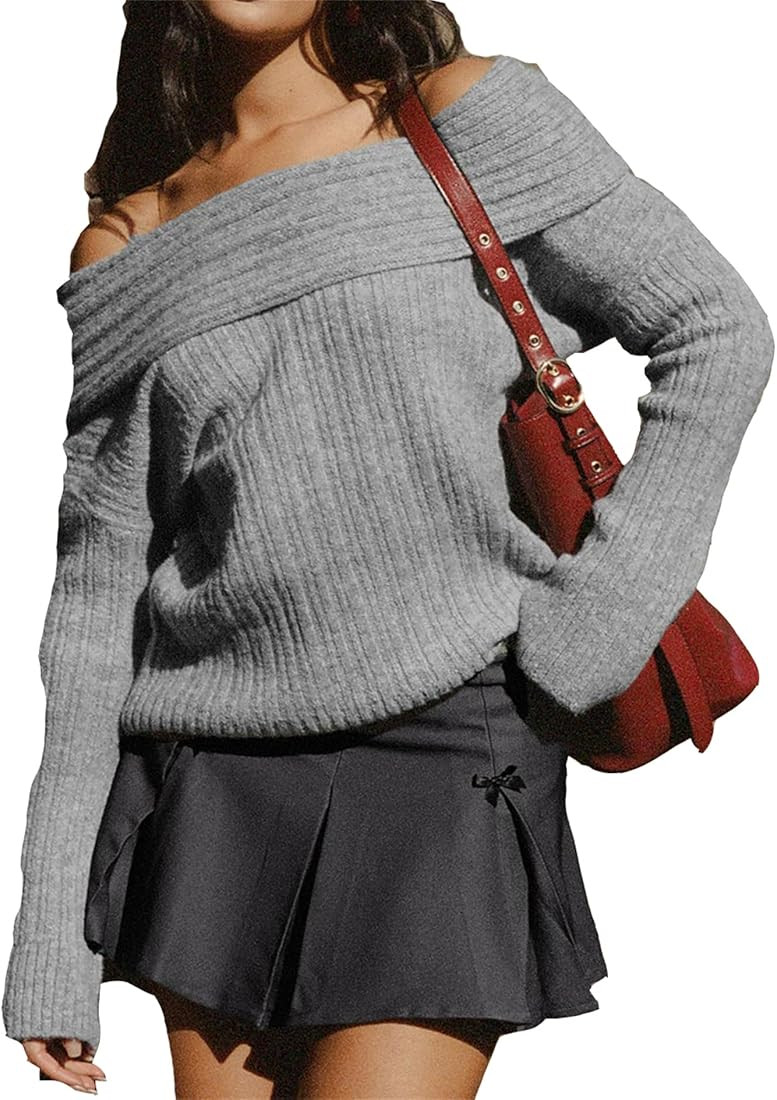 Women Off The Shoulder Sweater Y2k Long Sleeve Boat Neck Knit Cropped Pullover Tops Fall Trendy G... | Amazon (US)