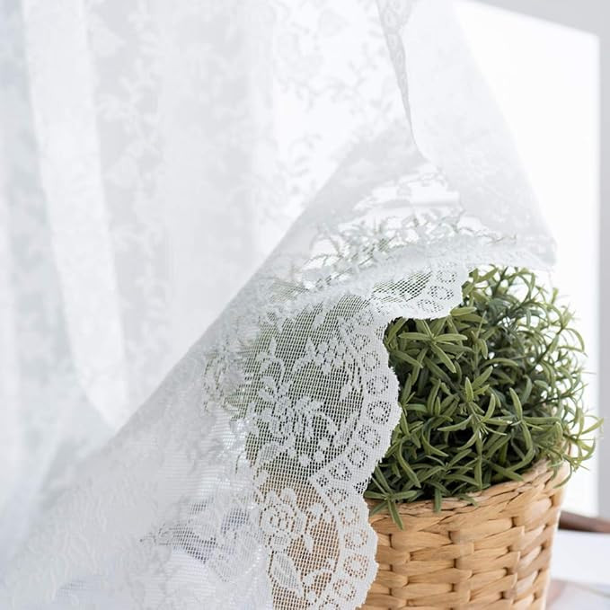 H.ebony Pure White Lace Sheer Curtains 96 inches Long, 2 Panels Fashion Floral Rose Lace Curtains... | Amazon (US)