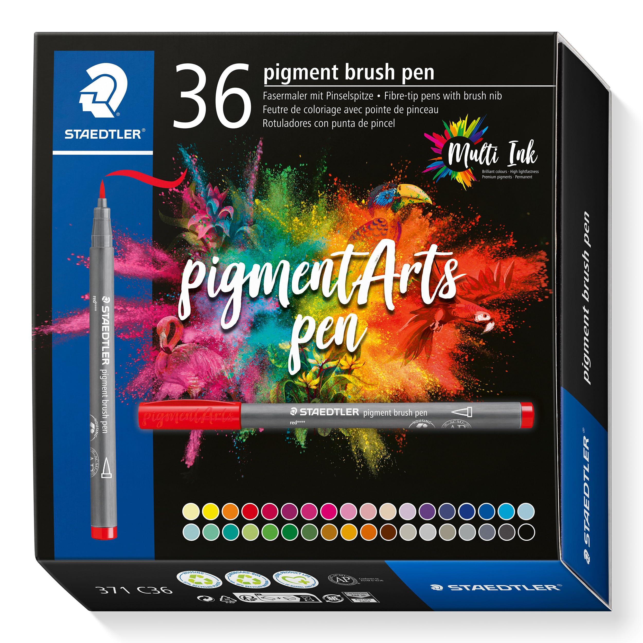 STAEDTLER Pigment Arts Brush Pen - Assorted Basic Colours, Pack of 36, 371 C36 | Amazon (US)