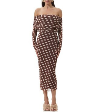 Cornelia Polka Dot Print Off-the-Shoulder Long Sleeve Mesh Midi Dress | Dillard's