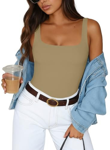 MISSJOY Sexy Bodysuit Tops for Women Square Neck Slim Fit Stretchy Sleeveless Seamless Tank Tops Khaki M | Amazon (US)