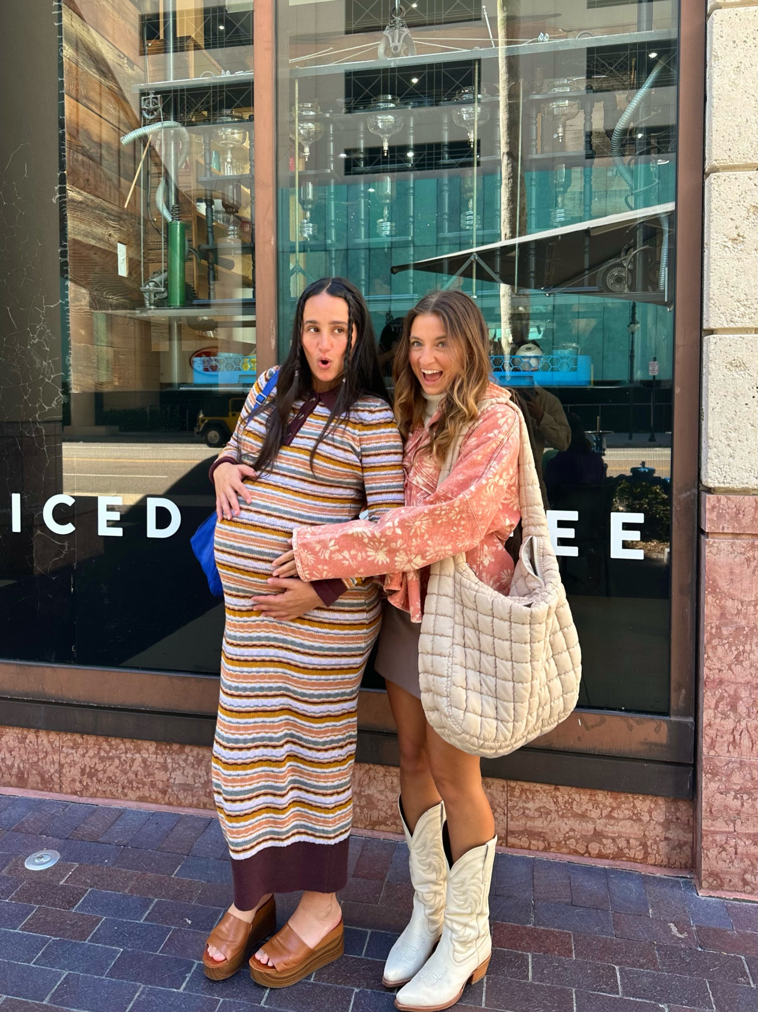 Nat and I in matching outfits for church this morning! Loving this little taste of fall in florida lately 🫶🏼
Also these color palettes are so fun! 

bestie ootd | fall fashion | free people | revolve | lulus | holiday style | bags | bump style | third trimester | jacket 

#LTKSeasonal #LTKGiftGuide #LTKHoliday